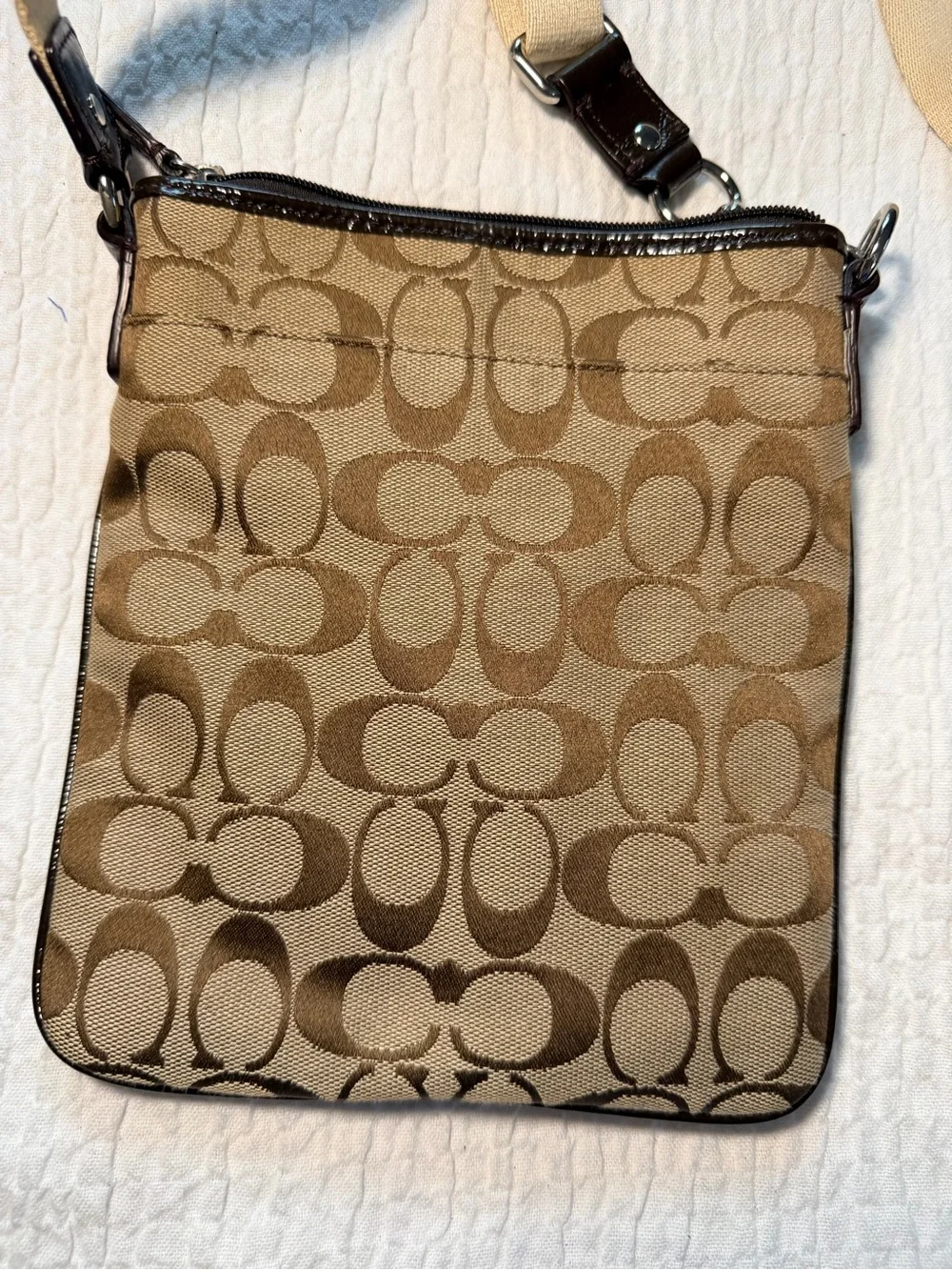 Coach Brown Signature Canvas Messenger Bag with Tan Strap